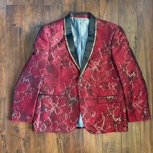 Lorenzo Bruno Blazer Jacket Mens 46 Red Floral Tuxedo Formal Jacquard Italian